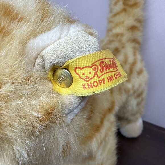 Steiff Standing Kitty Cat Orange Fur Eyes Brass Button Yellow Fabric Tag 099571 - Picture 3 of 16